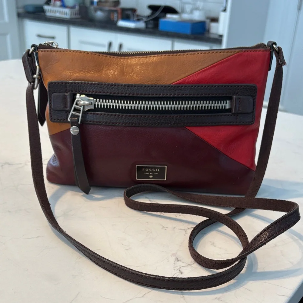 Fossil Dawson Crossbody Bag Red Multicolor Leather‎ Patchwork